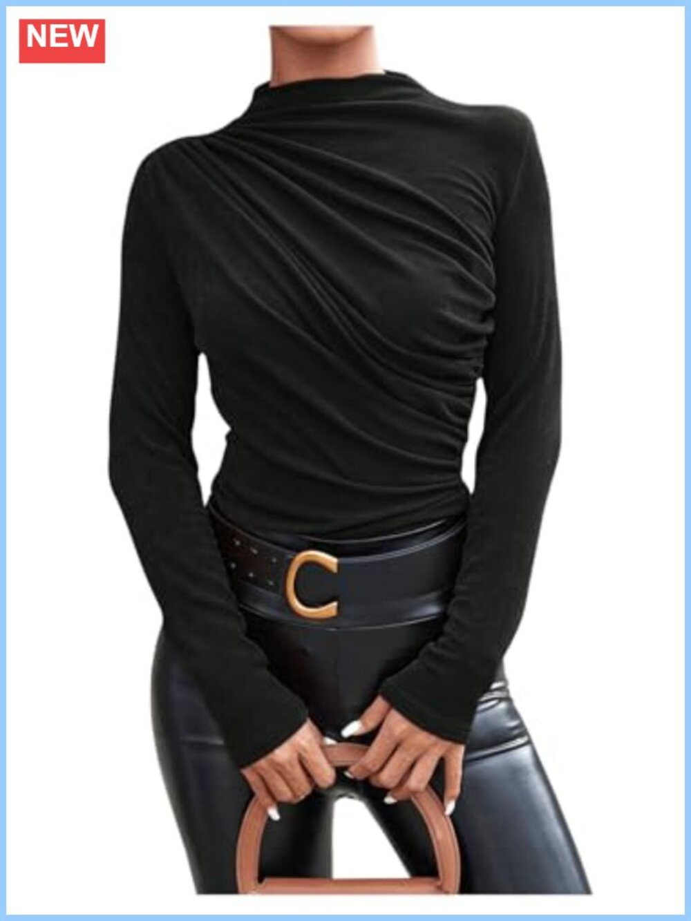 Mock Neck Ruched Long Sleeve T-Shirt Casual Basic Top High Stretch